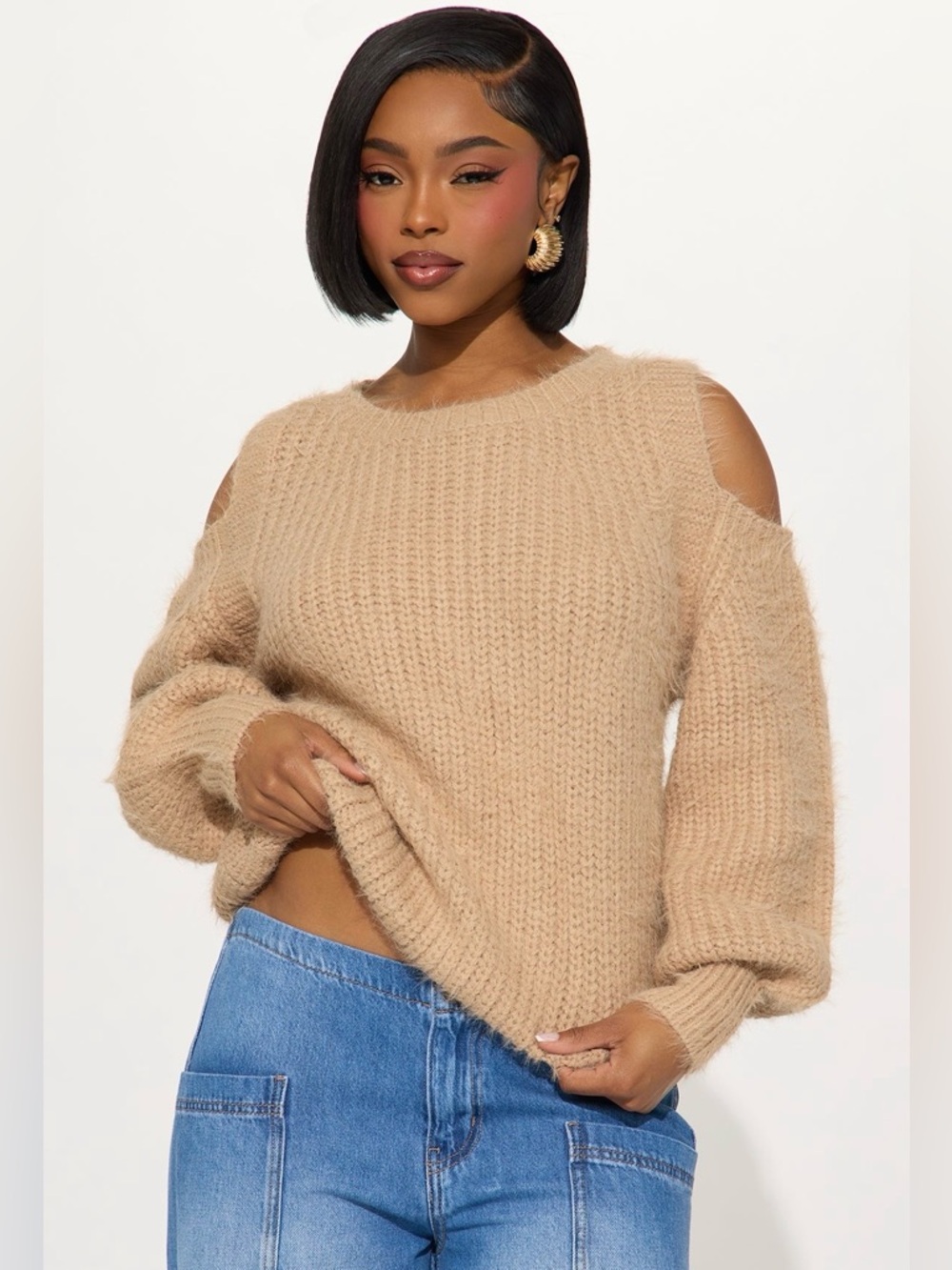 Cozy Cold-Shoulder Knit Sweater in Beige